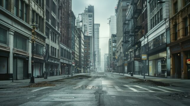 Empty city street with tall buildings in the background, creating a dramatic and desolate urban scene.