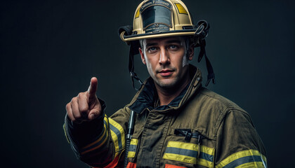 Fototapeta premium Firefighter pointing with finger wearing protective uniform