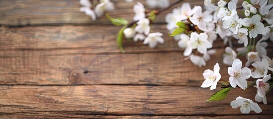 Cherry blossoms blooming with a wooden backdrop providing copy space image.