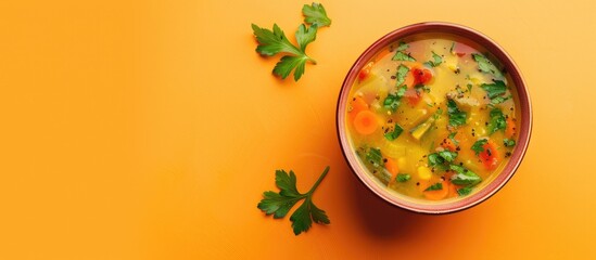 An overhead shot of vegetable soup in a bowl against a light orange backdrop with copy space image.