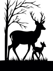 Hand drawn walking the deer with her baby in nature silhouette vector