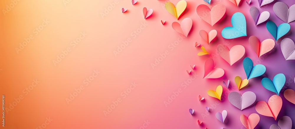 Wall mural colorful background with paper hearts and generous copy space image.