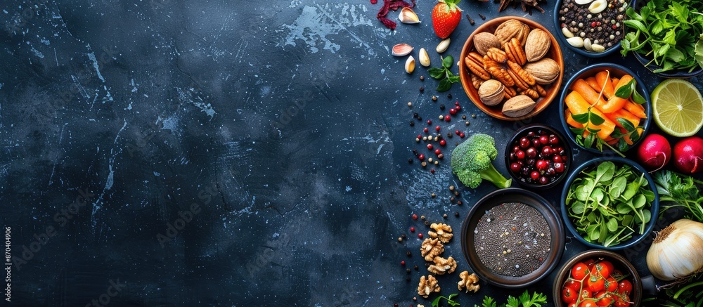 Wall mural Ingredients for healthy cooking like vegetables, fruits, nuts, and spices create a balanced diet on a dark backdrop. The top view features a copy space image.