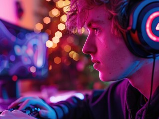 A man is playing a video game with a headset on. The room is decorated with Christmas lights, creating a festive atmosphere