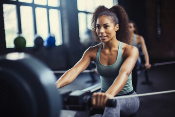 Fototapeta premium Focused woman training on rowing machine...