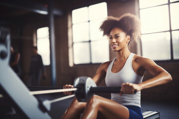 Fototapeta premium Focused woman training on rowing machine...