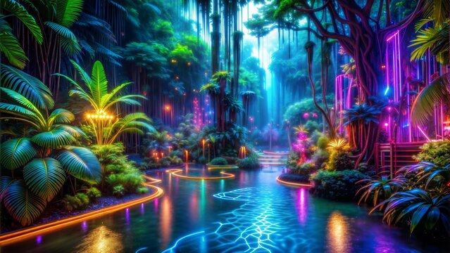 A neon-lit jungle with glowing flora and fauna, where the trees are circuit boards and the rivers flow with liquid light