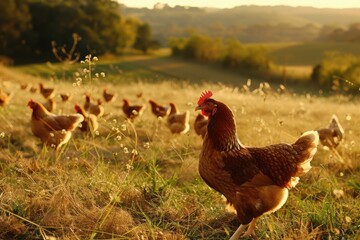 Fototapeta premium Chicken Field. Agricultural Scene with Brown Chickens in Australian Countryside