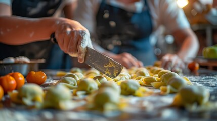 Obraz premium A closeup shot shows hands using an apple-shaped mandolin knife to cut green dough into small balls