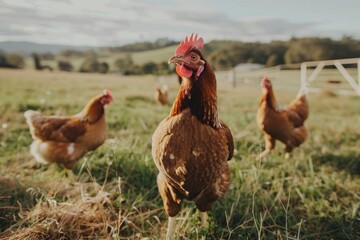 Chicken Field. Bird and Agriculture Concept with Brown Chickens in Countryside