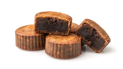 Traditional Mooncakes with Rich Chocolate Filling. Mid Autumn Festival, Chinese Dessert, Sweet Pastry, Holiday Celebrations, Festive Treats, Asian Cuisine, Seasonal Delicacies, Background.