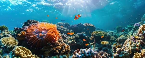 Obraz premium Clownfish swimming among colorful corals. Lively and vibrant underwater scene.