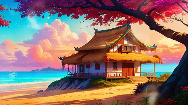 wooden house with thatched roof in asian style with beach background in anime style, in smooth looping background with 4K vidio animation.