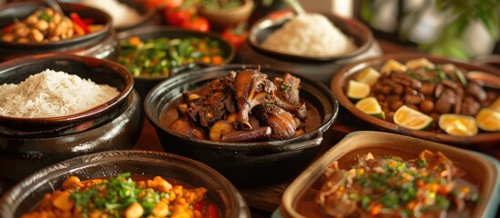 Fototapeta premium Traditional Peruvian gourmet cuisine buffet with assorted dishes like cow feet stew in peanut sauce, offering a table full of delectable options, perfect for a copy space image.