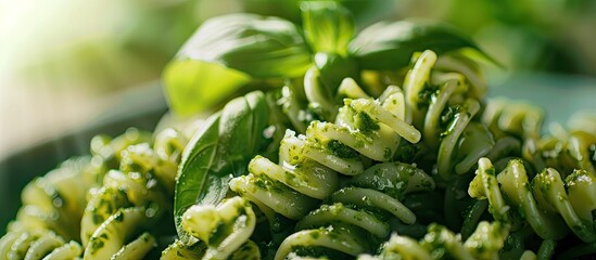 Close up of Italian pasta with basil and spinach pesto, featuring copy space image.