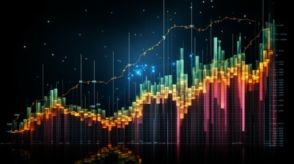 Naklejka premium Global finance trends arrows, map, forex chart on dark backdrop, 3d rendering concept illustration