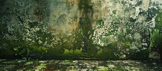 Detailed closeup of textured old wall and floor covered in algae, perfect for text in copy space image.