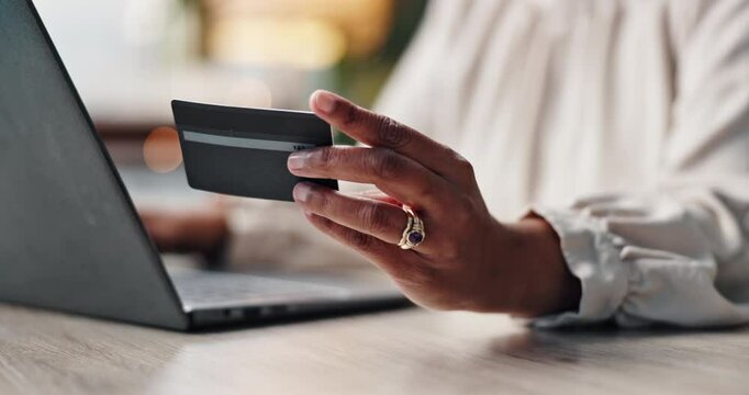 Businesswoman, home office and hands on laptop with credit card for online shopping, discount and sale. Investor, ecommerce and typing on fintech app or banking with rewards, voucher code and savings
