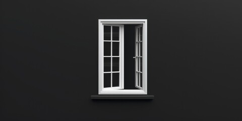Obraz premium A window is open on a black wall. The window is white and has a black frame. The window is the only thing visible in the image