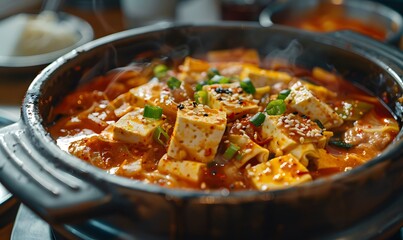 Korean tofu kimchi jjigae in traditional earthen pot, Generative AI