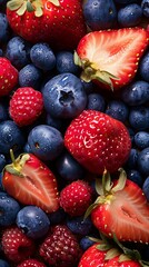 Obraz premium Close-up of fresh strawberries, blueberries, and raspberries, highlighting their vibrant colors and textures, creating a healthy and delicious fruit mix.