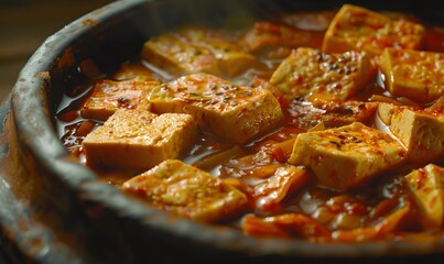 Korean tofu kimchi jjigae in traditional earthen pot, Generative AI