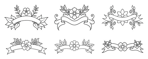 Decorative Banners with Floral Designs in Line Art Collection