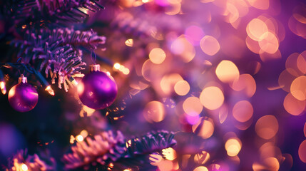 Christmas Tree with Purple Baubles and Evening Bokeh Lights