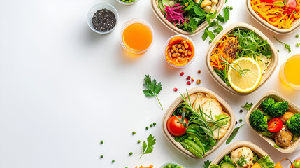 Healthy take away food and drinks in disposable eco friendly paper containers on gray background, top view.