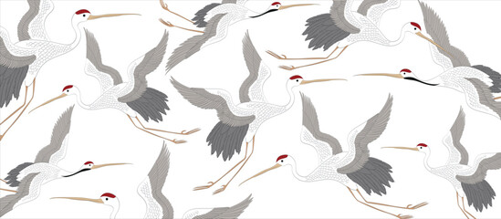 Obraz premium Crane birds element decoration banner design in vintage style. Animal wildlife background. 