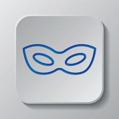 Mask simple icon. Flat design. Paper cut design. Cutted blue symbol with shadow. Gray badge button, gray background