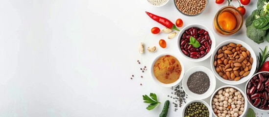 Assortment of nutritious organic superfoods like beans, nuts, fruit, and vegetables arranged on a white surface with space for text or images. Overhead shot capturing a stylish layout