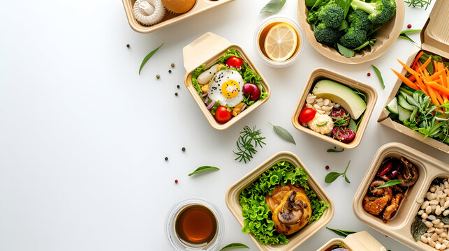 Healthy take away food and drinks in disposable eco friendly paper containers on gray background, top view.