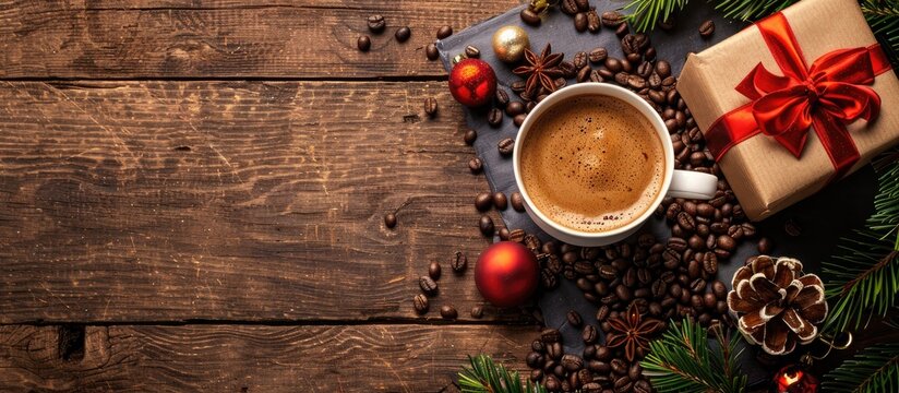 A festive Christmas gift box with a cup of coffee and coffee beans inside, portraying coffee as a delightful present with a well-presented copy space image.