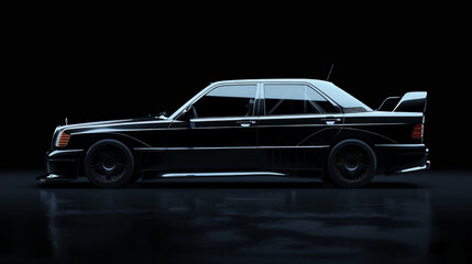 Black car standing at night parking. modern brandless cars. Transportation. Luxury car fleet consisting. neon light reflection on background. surface counter.