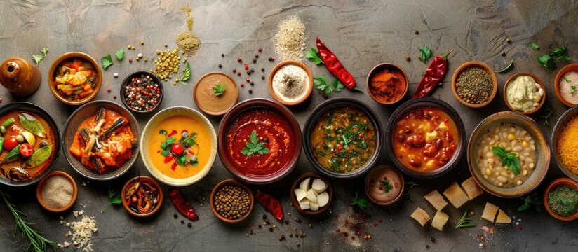 A table is adorned with various food and soup bowls, forming a vibrant and enticing array with copy space image.