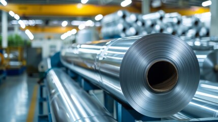 Fototapeta premium aluminum coil of foil on machinery, industrial storage, ready for sale