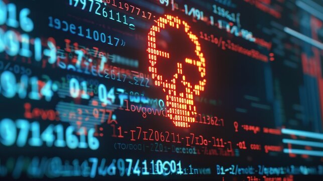 Red Skull Icon Formed From Binary Code on Computer Screen