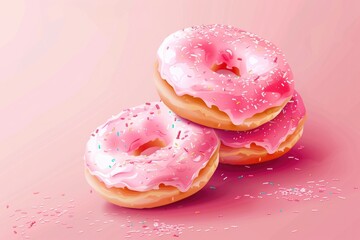 Three pink donuts with sprinkles on top. The donuts are arranged in a stack. The image has a playful and fun mood