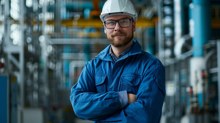 Professional photo of an engineer in blue overalls and a white helmet with glasses standing against the background of a modern factory