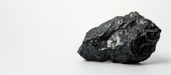 Fototapeta premium Shiny coal carbon stone on a white backdrop with copy space image.