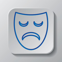 Mask simple vector icon. Flat design. Paper cut design. Cutted blue symbol with shadow. Gray badge button, gray background