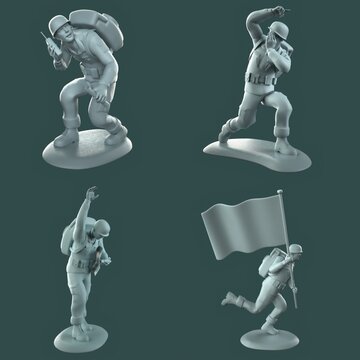 Retro-style 3D toy soldier figures in different action poses.