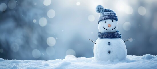 Fototapeta premium A charming snowman in winter, destined to melt, in an image with copy space.