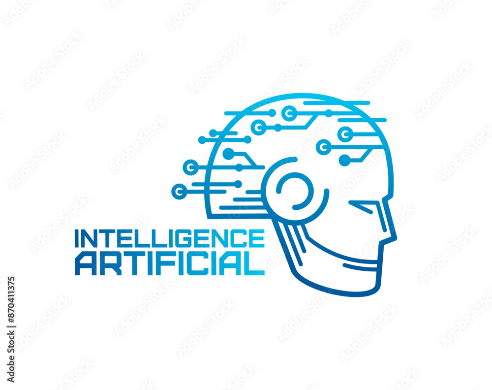 Aufkleber AI artificial intelligence icon, machine learning. Isolated vector blue outline human or robot head with circuit connections, symbolizing technology, and digital innovation concepts for tech projects