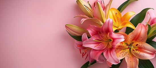 Fototapeta premium Colorful lily blooms on a pink backdrop with copy space image.