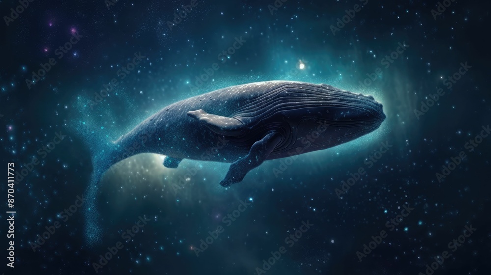 Wall mural surreal art design of a whale floating in space with a cosmic background and starry sky. digital art