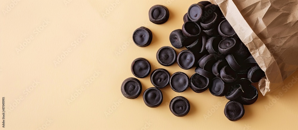 Wall mural Top view of a paper bag filled with delicious liquorice candies on a light background, offering ample room for text in a copy space image.