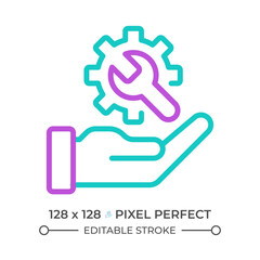 Technical support two color line icon. Customer service. Professional assistance. Resolve computer problem bicolor outline symbol. Duotone linear pictogram. Isolated illustration. Editable stroke