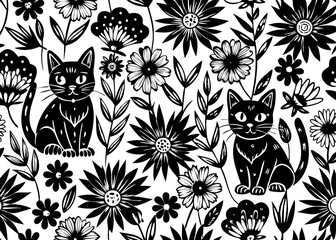 seamless design of cats and flowers